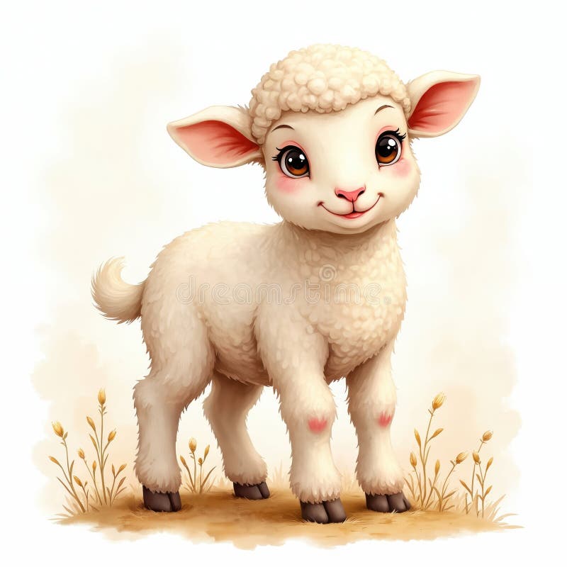 Watercolor illustration of a baby lamb standing in a meadow