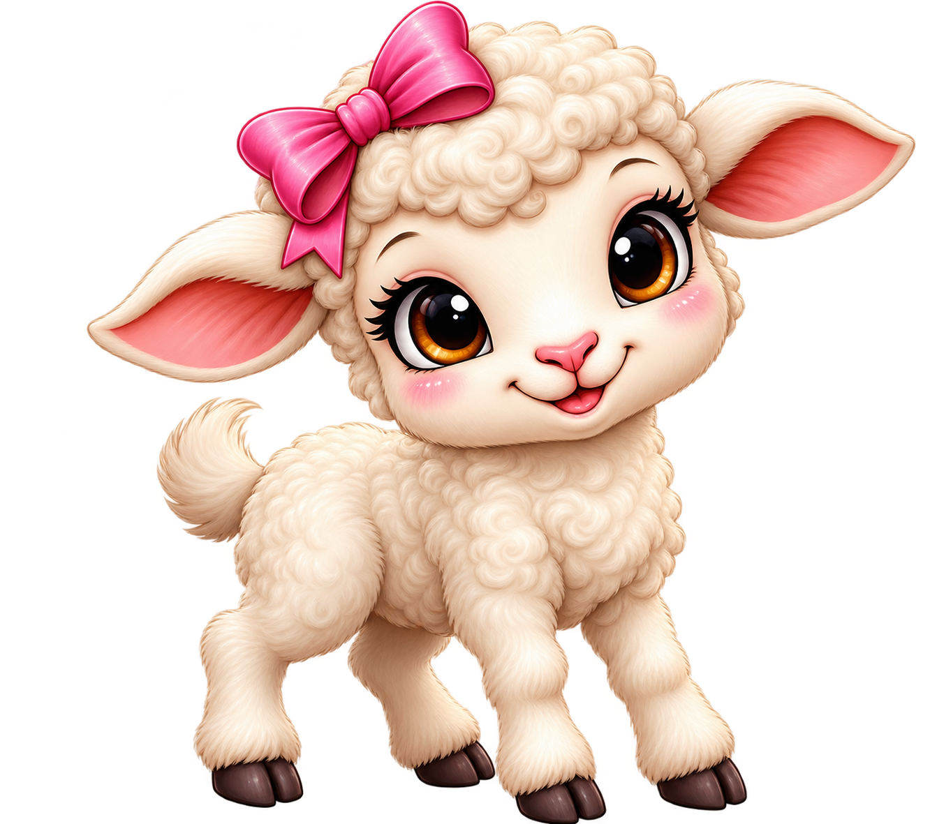 Molly, a fluffy cream lamb wearing a bright pink bow